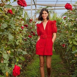 FARM Rio Red Puff Sleeve V-Neck Sundress Jumpsuit